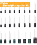 Pro Grade Aluminum Electrolytic Capacitor Assortment Kit With 280 Pieces, 24 Values, various capacitors displayed in rows