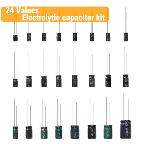 Pro Grade Aluminum Electrolytic Capacitor Assortment Kit With 280 Pieces, 24 Values, various capacitors displayed in rows