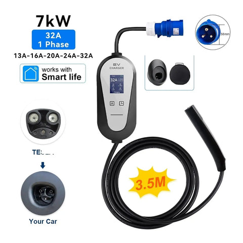 Top Shelf 32 Amp 7Kw Portable EV Charger Level 2 Electric Vehicle Charging Station for Teslas Model S 3 X Y with 3.5m cable.