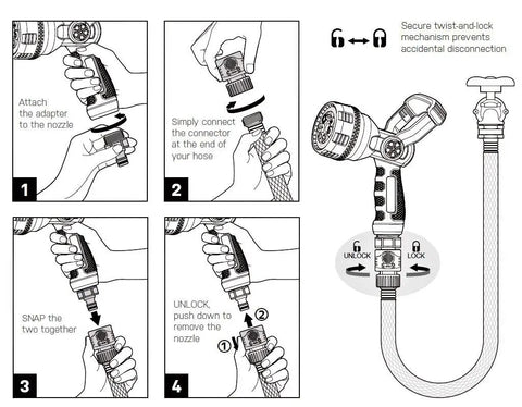 Heavy Duty Metal Fireman Hose Nozzle With Seven Spray Patterns High Pressure Garden Sprayer Quick Connect Set installation guide