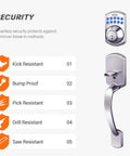 Image showing features of Keypad Deadbolt With Handle And Polo Knob Keyless Electronic Door Lock, satin nickel finish, security details.