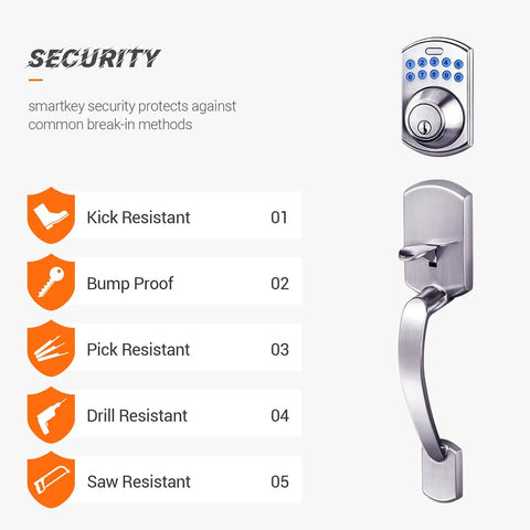 Image showing features of Keypad Deadbolt With Handle And Polo Knob Keyless Electronic Door Lock, satin nickel finish, security details.