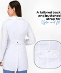 Back view of Women's Mid-Length Lab Coat In White, Size Small, showing tailored back and buttoned strap detail for fit