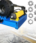 Heavy Duty Manual Hydraulic Hose Crimper With Seven Quick Swap Die Sets For Braided And Single Lines, yellow and black design, rugged tool kit.