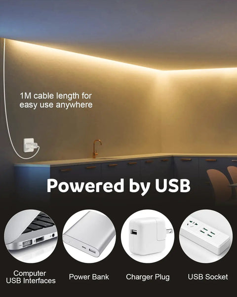 USB COB LED Strip Lights Warm White 3000K 5V 1M 320 LEDs Per Meter Flexible COB Tape for under cabinet lighting, USB powered