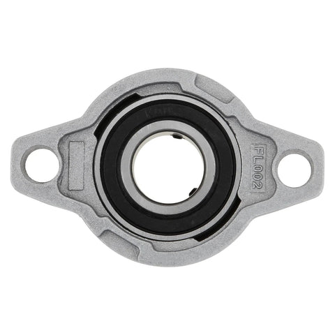 Front view of flange-mounted pillow block bearing with 8mm bore, silver metal housing.