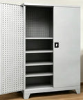 Rock Solid Industrial Rolling Tool Storage Cabinet With Thick Reinforced Drawers Built Like A Tank For Pro Trades featuring open shelves.