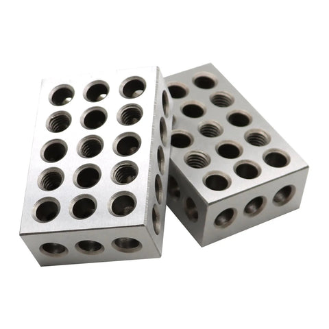 Yunnergo precision-ground 1x2x3 in tool-steel blocks (2) with 23 threaded holes, angled view