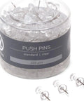 Solid 200 Count Clear Push Pins With Heavy Duty Steel Needle Points in clear container for office and classroom use.