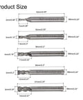 Carbide end mills set (4-flute) with multiple diameters shown in size diagram