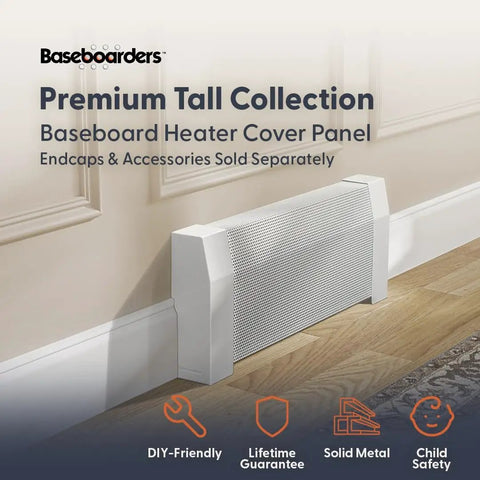 Galvanized Steel Premium Tall 7 ft Heat Cover Replacement Panel for Hydronic Baseboard Heaters installed in a room