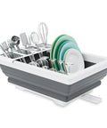 Collapsible Dish Drainer Portable Dinnerware Drainer Organizer For Kitchen RV Campers Travel Trailer With Built In Utensil Drying Rack And Space Saver Food Grade BPA Free PP TPR Tray in use with dishes and utensils