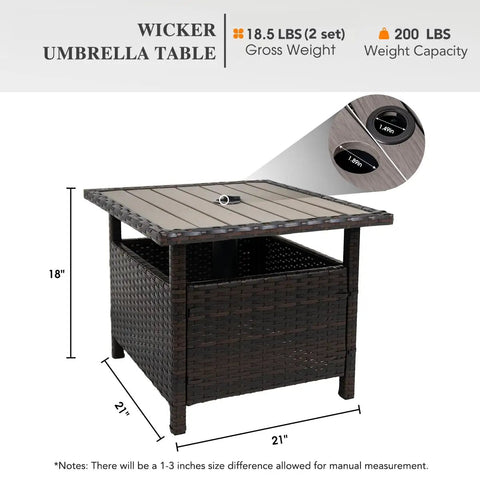 All Weather Wicker Patio Umbrella Stand Table 22 Inch Brown Rattan Garden Furniture Deck Poolside Organizer With Storage Shelves And Easy Setup