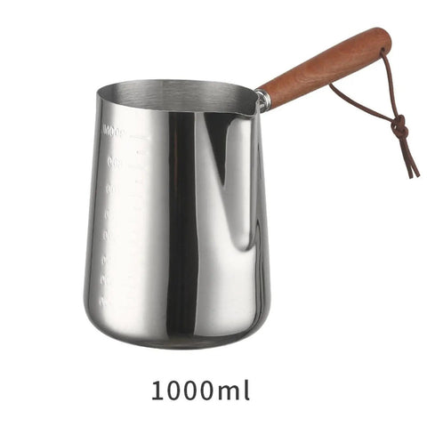 Turkish Warmer Coffee Pot Frothing Pitcher 1000ml Stainless Steel Milk Warmer Teapot with Wooden Handle