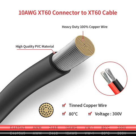 Diagram of XT60 Extension Cable 10AWG 2Ft Male To Female Connector showing copper wire and PVC material attributes.