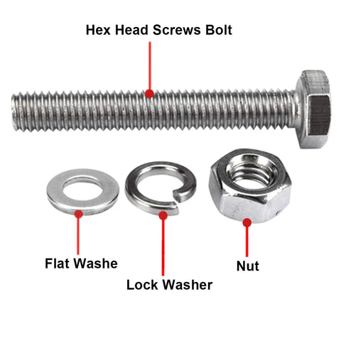 Heavy Duty Stainless Steel Hex Head Screws Bolts Kit Set With Nuts Flat Washers And Lock Washers 10 Sets 5/16-18 X 1-1/2 Inches 304 Grade 18-8 Fully Threaded Hex Bolts Kit By Levanco showing bolt, nut, flat washer, lock washer.