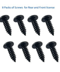 Sturdy Black License Plate Screws Kit For Cars And SUVs, 18 8 Stainless Steel, shown in an 8 pack with self-tapping bolts.