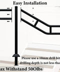 Next Level Black Metal Single Post Handrail For Outdoor Steps, U Shaped Stair Railing, showing easy installation features on stairs.