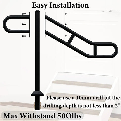 Next Level Black Metal Single Post Handrail For Outdoor Steps, U Shaped Stair Railing, showing easy installation features on stairs.