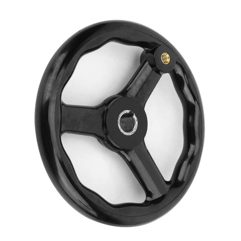 200mm Bakelite Anti-Slip Lathe Handwheel With Handle, 3-spoke design, black finish, side view highlighting built-to-last construction