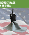SPUDZ microfiber lens cleaner in black closable pouch with clip-on; front view with light-gray cloth extending.