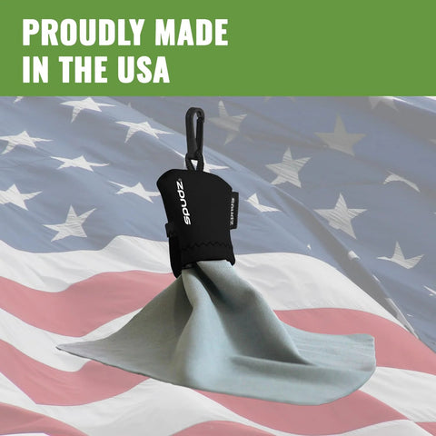 SPUDZ microfiber lens cleaner in black closable pouch with clip-on; front view with light-gray cloth extending.