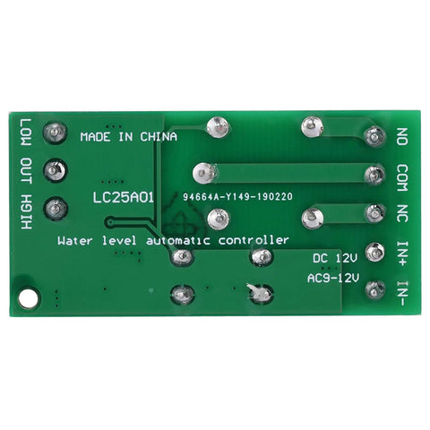 Back view of Water Level Controller Module for fish aquarium, showing circuit board and wiring terminals, DC 12-15V and AC 9-12V compatible