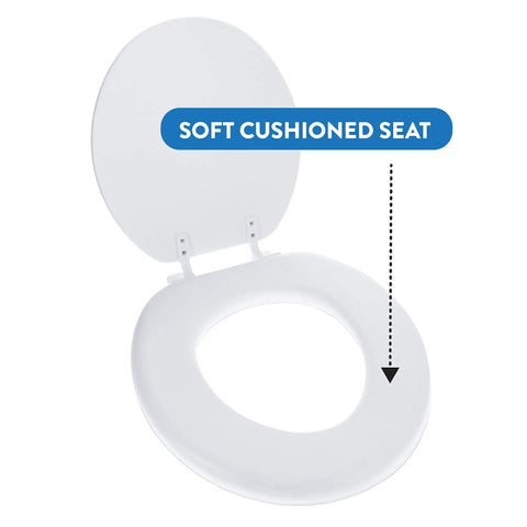 Soft Cushioned Desert White Toilet Seat With Plush Padding For Comfort displayed open with label, fits standard toilets