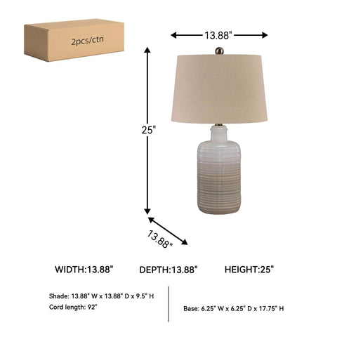 Diagram showing Two Pack Neutral Ceramic Table Lamps, 25.5 Inch Tall, Taupe Glazed Bases With Textured Drum Shade and dimensions