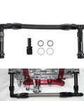 Upgrade Your Ride With This Rock Solid Holley AN6 Three Way Fuel Line Conversion Kit Designed For 4150 Carburetors To Ensure Smooth Flow And Serious Engine Efficiency No More Leaks Just Pure Performance. black braided AN6 fuel line kit with fittings, gaskets, and 4150 carburetor install