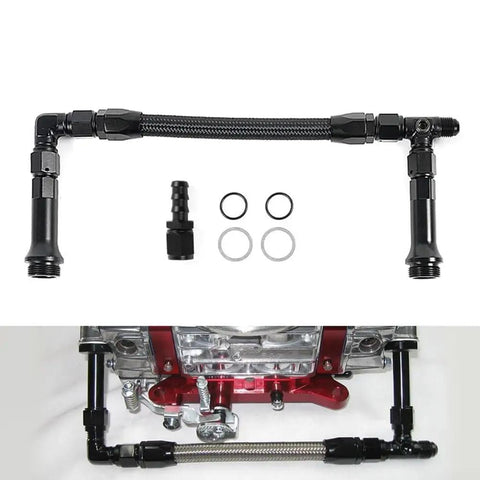 Upgrade Your Ride With This Rock Solid Holley AN6 Three Way Fuel Line Conversion Kit Designed For 4150 Carburetors To Ensure Smooth Flow And Serious Engine Efficiency No More Leaks Just Pure Performance. black braided AN6 fuel line kit with fittings, gaskets, and 4150 carburetor install