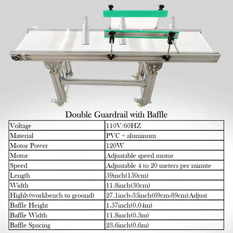 PVC Flat Belt Conveyor With Aluminum Frame Heavy Duty 59x11.8 Inch Industrial Transport Belt System 110V 120W Adjustable Speed Double Guardrails Baffle White