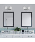 Bathroom with Glance Two-Light Bath Vanity Light In Brushed Nickel With Etched Linen Glass Shades, above mirrored sinks