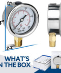 200 Psi Pressure Gauge With 2 Inch Dial, 1/4 NPT Lower Mount, stainless steel case, side and front view, packaging included