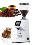 Step Up Your Daily Grind Game With This Electric Coffee Bean Grinder Boasting A Snappy Touchscreen And 19 Precise Settings For Espresso Or Cold Brew Paired With A Rock Solid Stainless Steel Flat Burr Mill In Clean White displaying the grinder with beans and ground coffee.