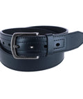 Men's 1.5 Inch Industrial Work Belt With Steel Buckle And Rubber Adjusters Built Like A Tank For Tough Job Sites All Day Grind Rugged Black Waist Harness Heavy Lifter, close-up view of black leather belt with steel buckle.