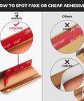 Visual guide on genuine vs fake adhesive on Five Pack Adhesive Edge Pulls For Cabinets No Drill Hidden Drawer Handles with brushed gold finish.