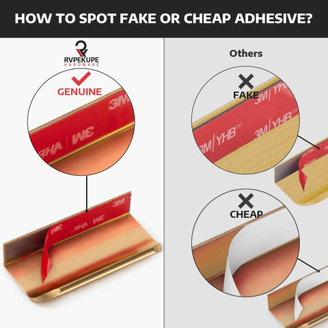 Visual guide on genuine vs fake adhesive on Five Pack Adhesive Edge Pulls For Cabinets No Drill Hidden Drawer Handles with brushed gold finish.