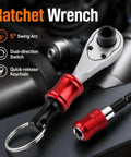 Grab And Go Portable Quarter Inch Hex End Mini Ratchet Wrench Set With Quick Release Magnetic Bit Driver keychain on surface.