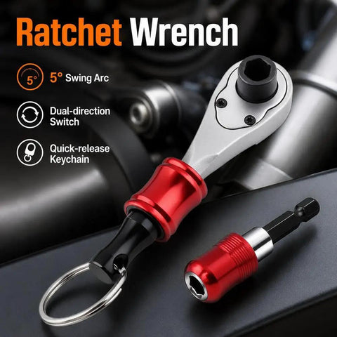 Grab And Go Portable Quarter Inch Hex End Mini Ratchet Wrench Set With Quick Release Magnetic Bit Driver keychain on surface.