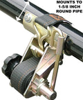 Close-up of Two Pack Rack Strap Tie Down for Ladder Racks With Round Mounting Brackets Bolt On Or Weld On Hardware Included 1 5 8 Inch Round Bracket 8 Foot Black Straps Built For Trucks And Vans mounted on round pipe.