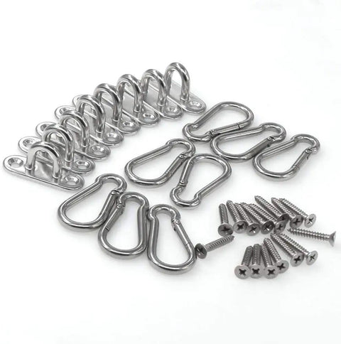 1.8 Inch Stainless Steel Pad Eye Plate U Hooks And Snap Hooks Marine Hardware Kit, 8 Pack With Screws on white background