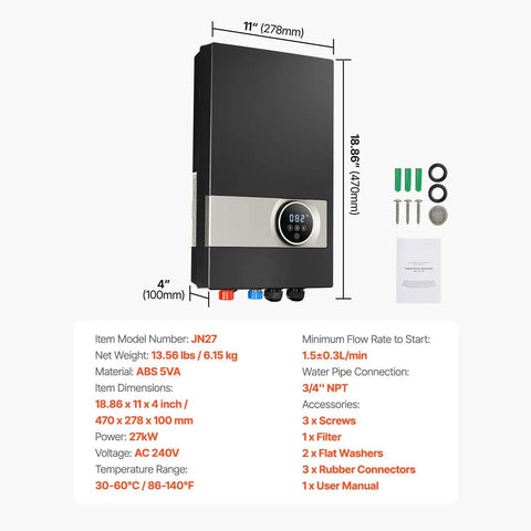 Ditch The Old Tank For This 27kW Tankless Electric Water Heater 240V Under Sink Unit With LCD Touch Screen Temp Lock Works Like A Charm For Bathroom Kitchen Or Office Spaces Sleek Black, front view with dimensions.