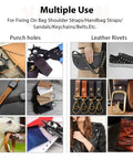 Belt Hole Puncher With 240 Sets Of Leather Rivets For Belt Watch Band Strap Dog Collar Saddle Shoes Fabric And Diy Projects Includes Six Hole Sizes 2mm 2.5mm 3mm 3.5mm 4mm 4.5mm showing various uses including belts and dog collars.