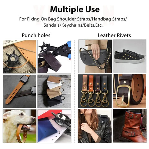 Belt Hole Puncher With 240 Sets Of Leather Rivets For Belt Watch Band Strap Dog Collar Saddle Shoes Fabric And Diy Projects Includes Six Hole Sizes 2mm 2.5mm 3mm 3.5mm 4mm 4.5mm showing various uses including belts and dog collars.