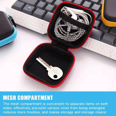 Open red PU hard shell earbud case displaying earphones and key, showcasing mesh compartment for organized storage.