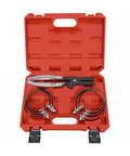 Premium 7-Piece Piston Ring Compressor Kit For Universal Engine Assembly And Heavy Duty Auto Maintenance That Simplifies Installation With Super Durable Pliers Tool, red case open