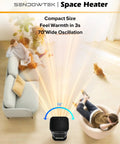 Portable 1500W Indoor Space Heater With Remote, 15.5 Inch Tall Tower Heater, 70 Degree Oscillation shown in a living room setting.