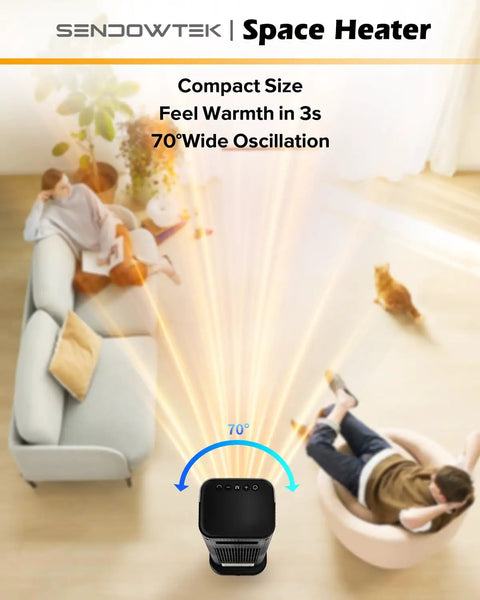 Portable 1500W Indoor Space Heater With Remote, 15.5 Inch Tall Tower Heater, 70 Degree Oscillation shown in a living room setting.