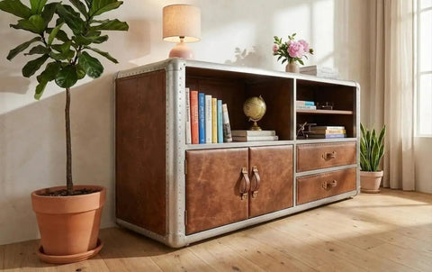 Knockout Aviator Sideboard Cabinet Drops That Aero Industrial Heat With Wraparound Weathered Brown Leather Riveted Silver Trim And Massive Storage Building A Solid 54 Inch Credenza Console Table For Any Cool Living Space with open shelves and drawers.